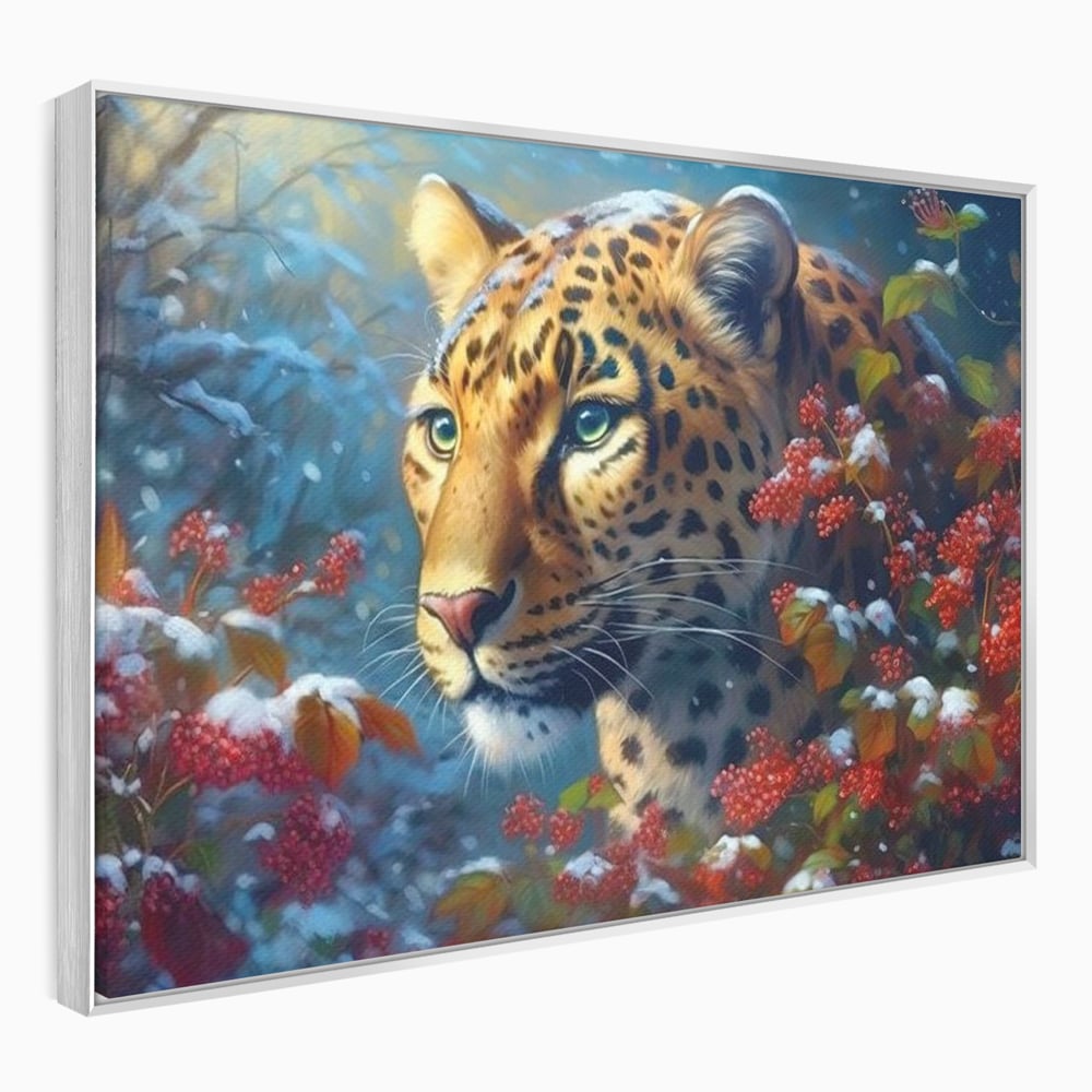 Tablou canvas cu tablou canvas cu jaguar in zapada, in rama de aluminiu argintiu